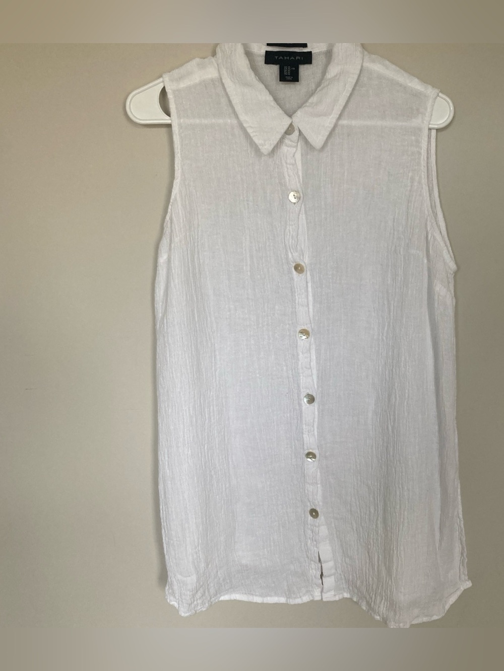 Tahari White Linen Sleeveless Button-Down Tunic Blouse Women's Size XL Boho